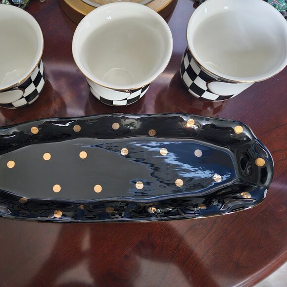 RARE 3 MACKENZIE CHILDS COURTLY CHECK BLACK TIE CERAMIC HERB POT CONTAINER TRAY - Picture 11 of 14